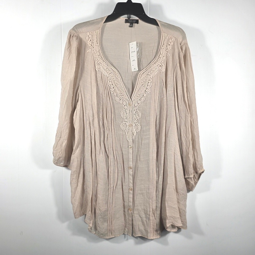 Spense Woman Latte Beige Crochet Lace Trim V-Neck Gauze Blouse 3X NWT - Picture 2 of 8